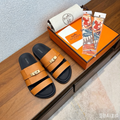 HM 26S KELLY BUCKLE DOUBLE STRAP SANDALS IN CARAMEL BROWN  GOLD CALFSKIN