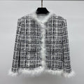 CHANEL 26S CROPPED JACKET PLAID BLACK WHITE TWEED WITH FEATHER TRIM