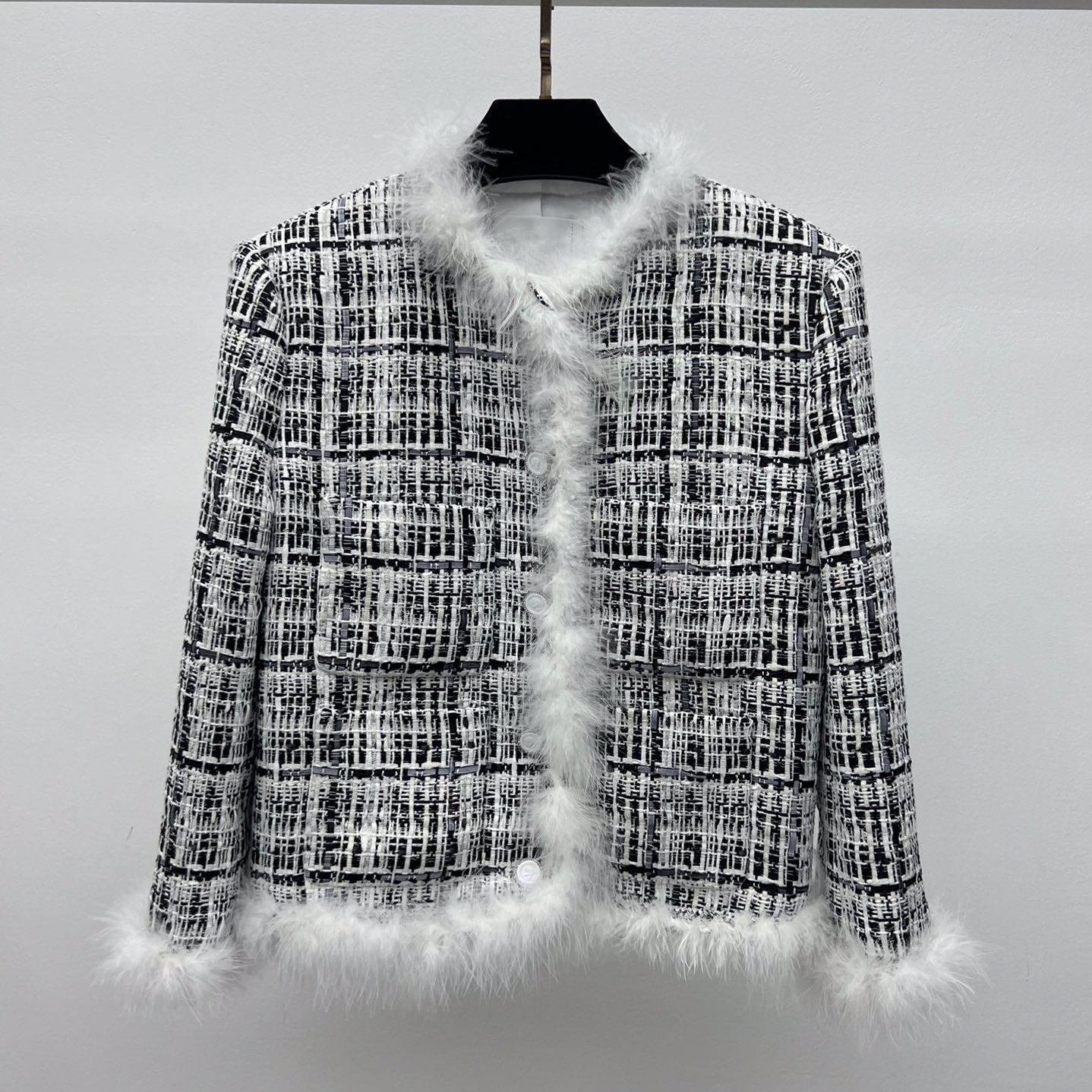 CHANEL 26S CROPPED JACKET PLAID BLACK WHITE TWEED WITH FEATHER TRIM