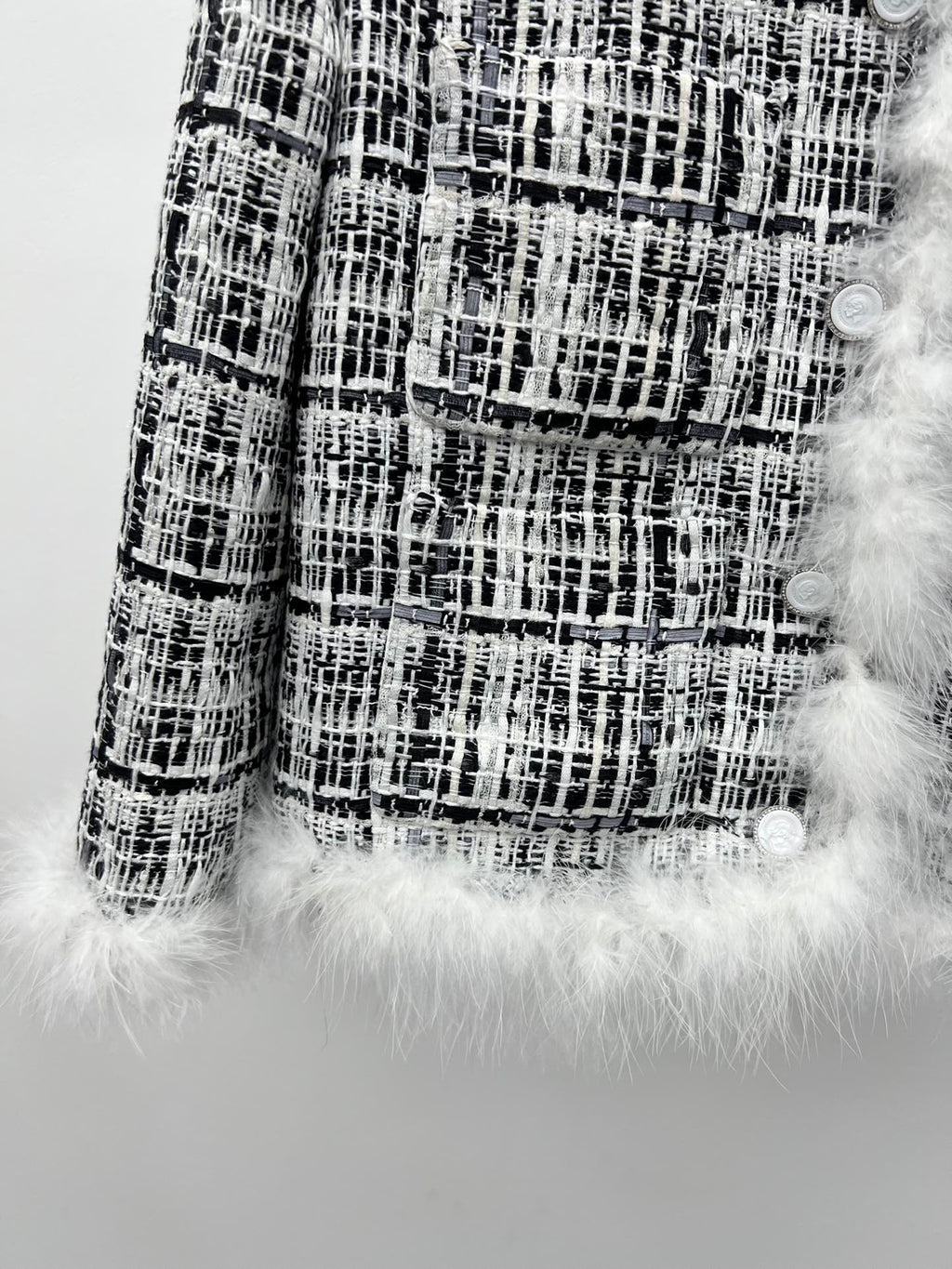 CHANEL 26S CROPPED JACKET PLAID BLACK WHITE TWEED WITH FEATHER TRIM