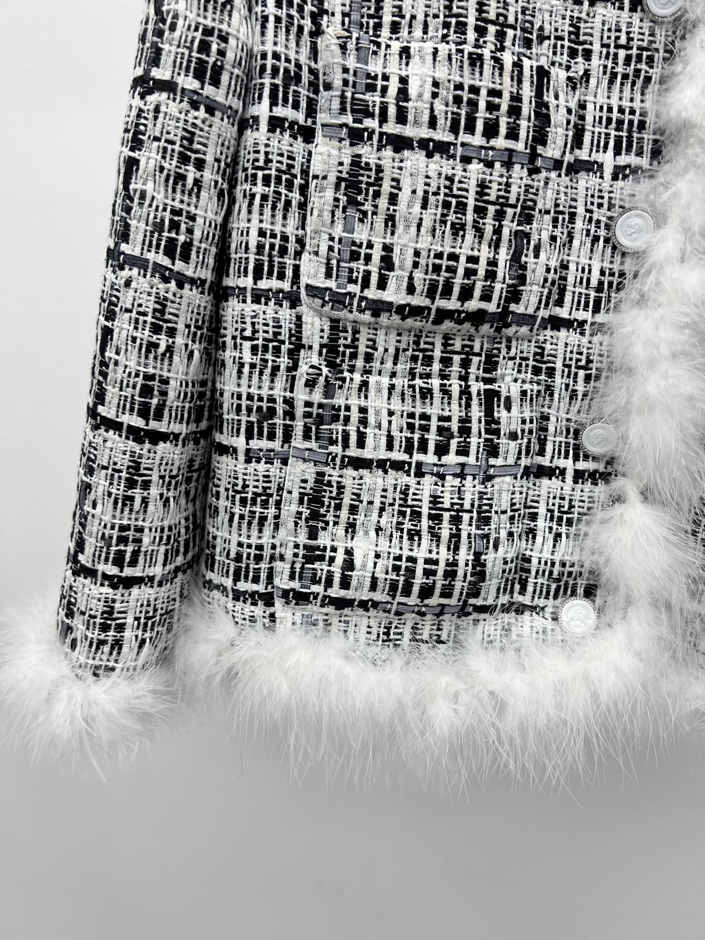 CHANEL 26S CROPPED JACKET PLAID BLACK WHITE TWEED WITH FEATHER TRIM