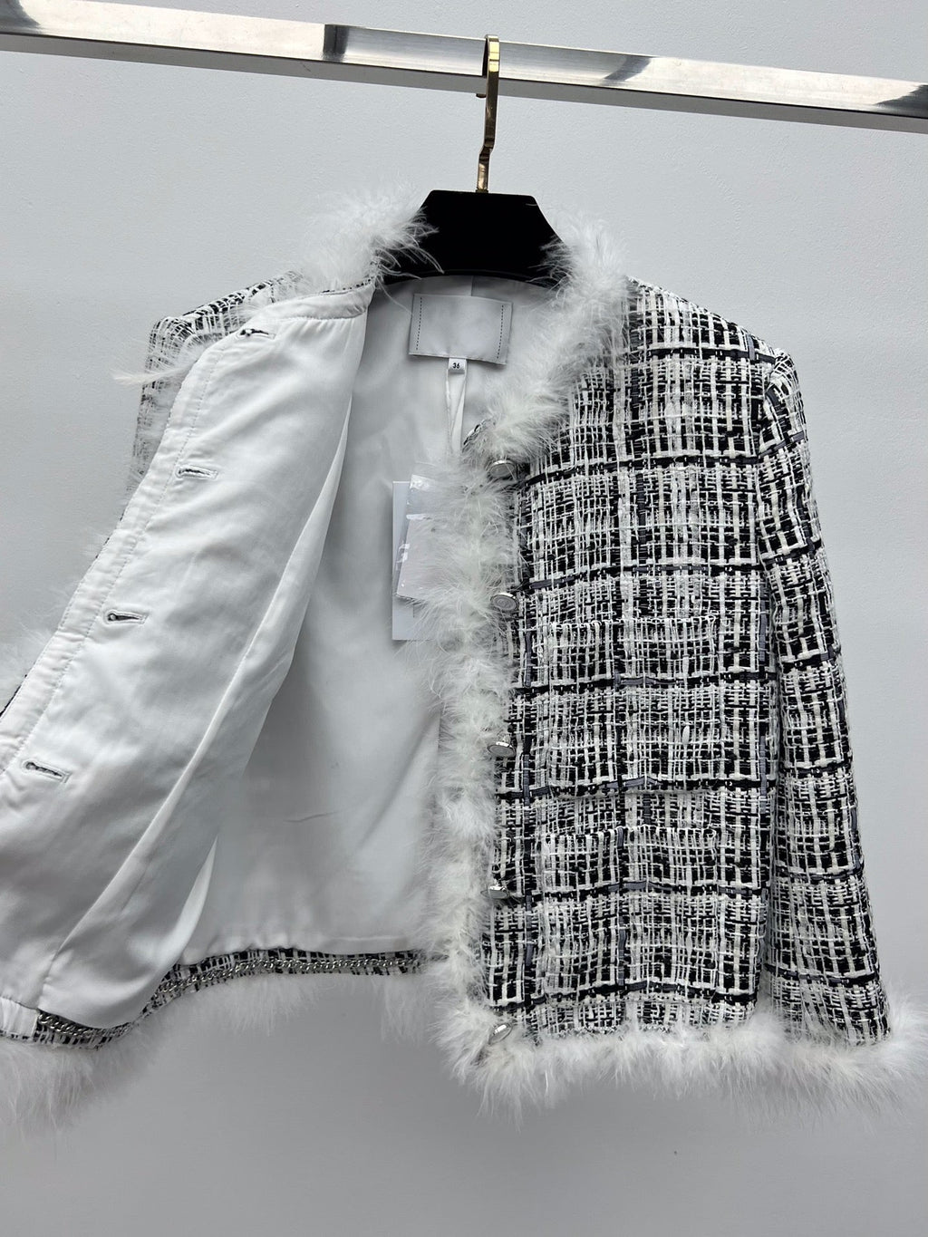 CHANEL 26S CROPPED JACKET PLAID BLACK WHITE TWEED WITH FEATHER TRIM