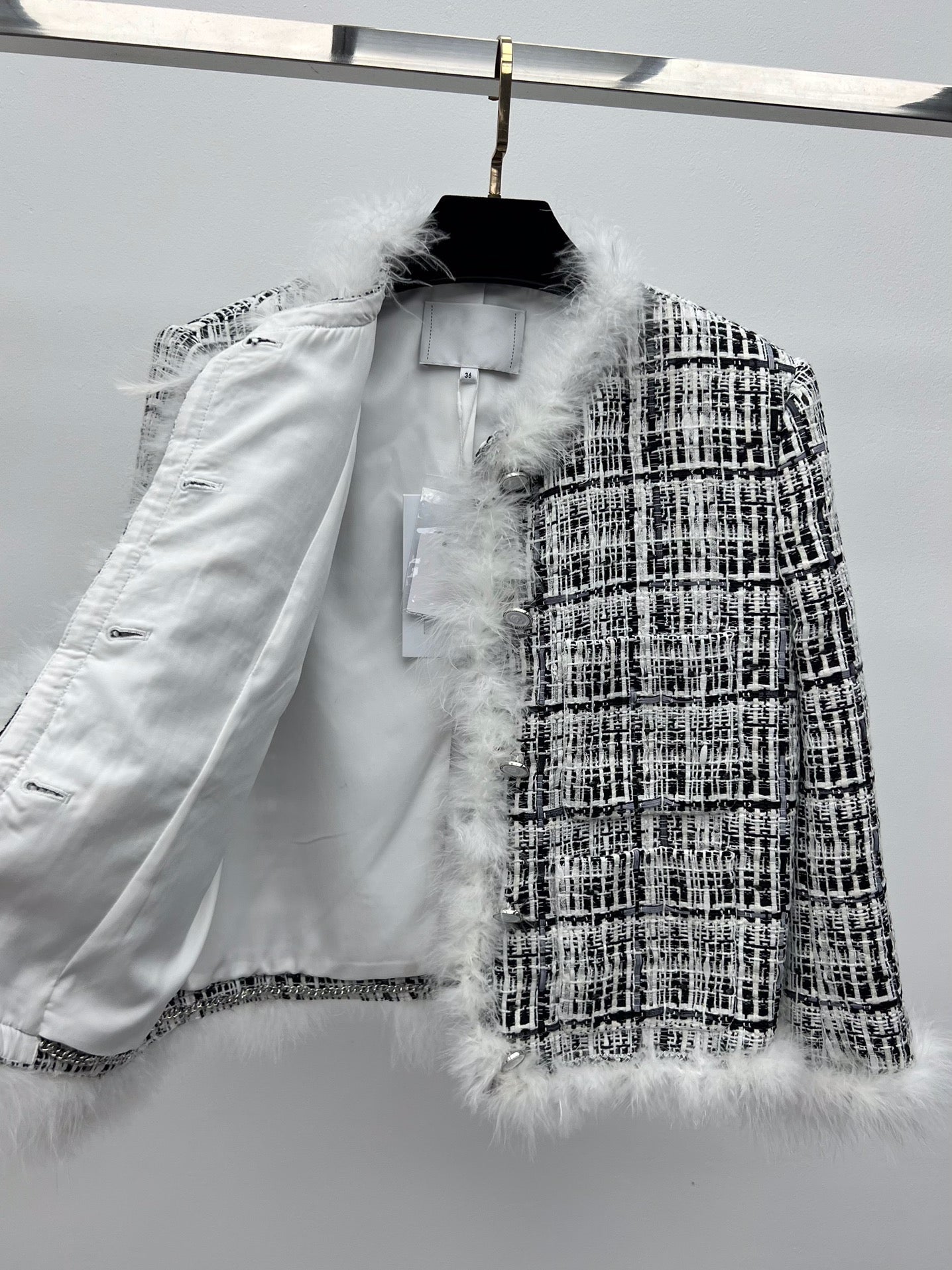 CHANEL 26S CROPPED JACKET PLAID BLACK WHITE TWEED WITH FEATHER TRIM