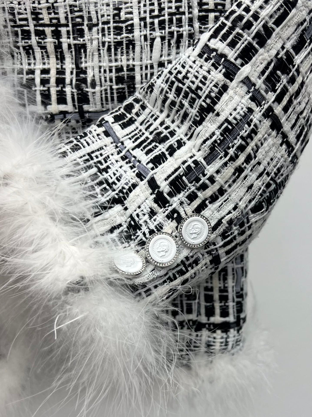 CHANEL 26S CROPPED JACKET PLAID BLACK WHITE TWEED WITH FEATHER TRIM