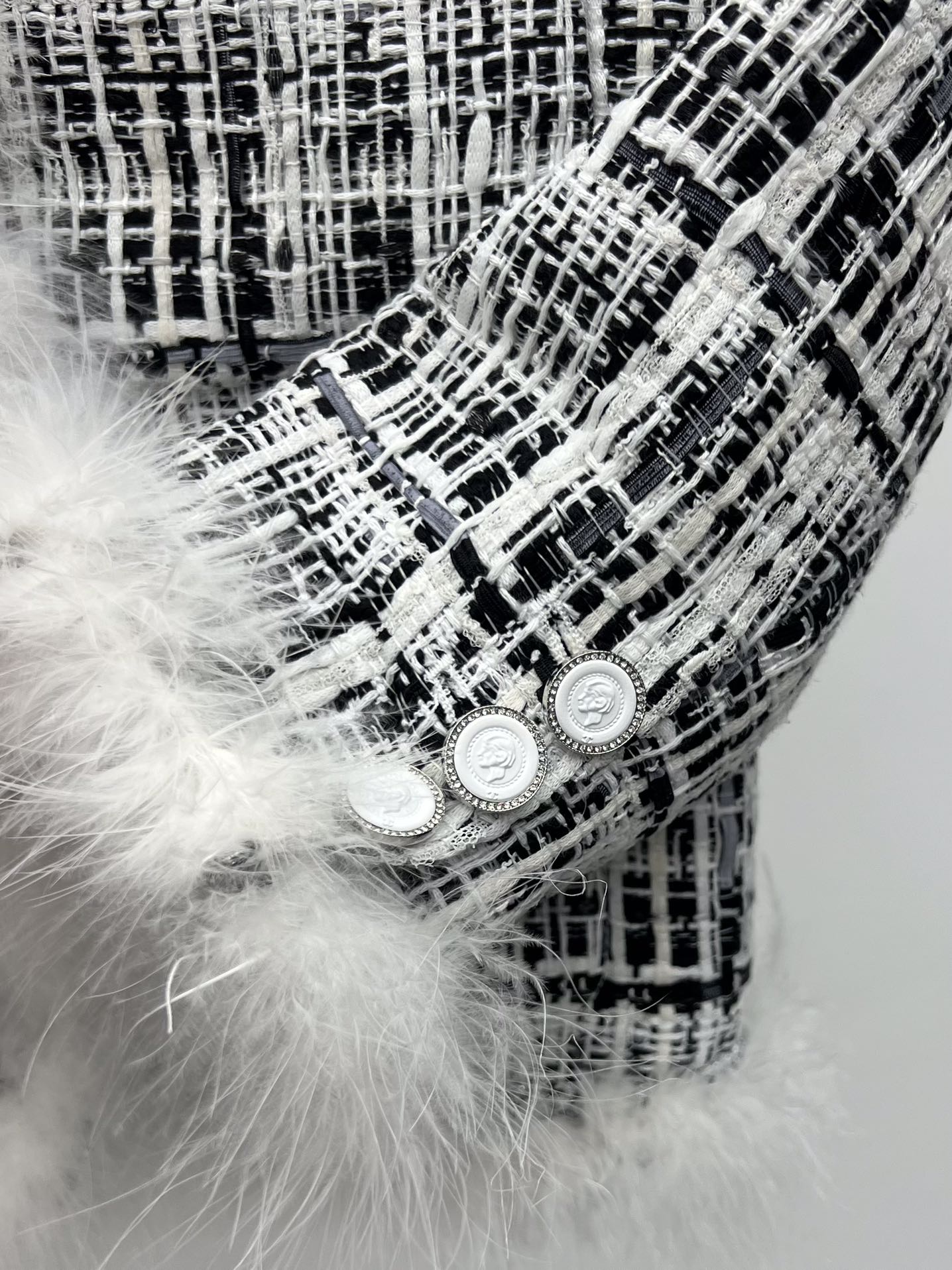 CHANEL 26S CROPPED JACKET PLAID BLACK WHITE TWEED WITH FEATHER TRIM