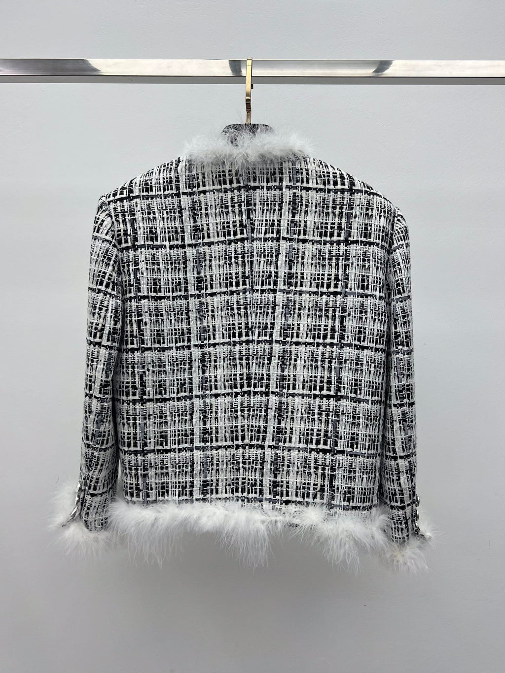 CHANEL 26S CROPPED JACKET PLAID BLACK WHITE TWEED WITH FEATHER TRIM