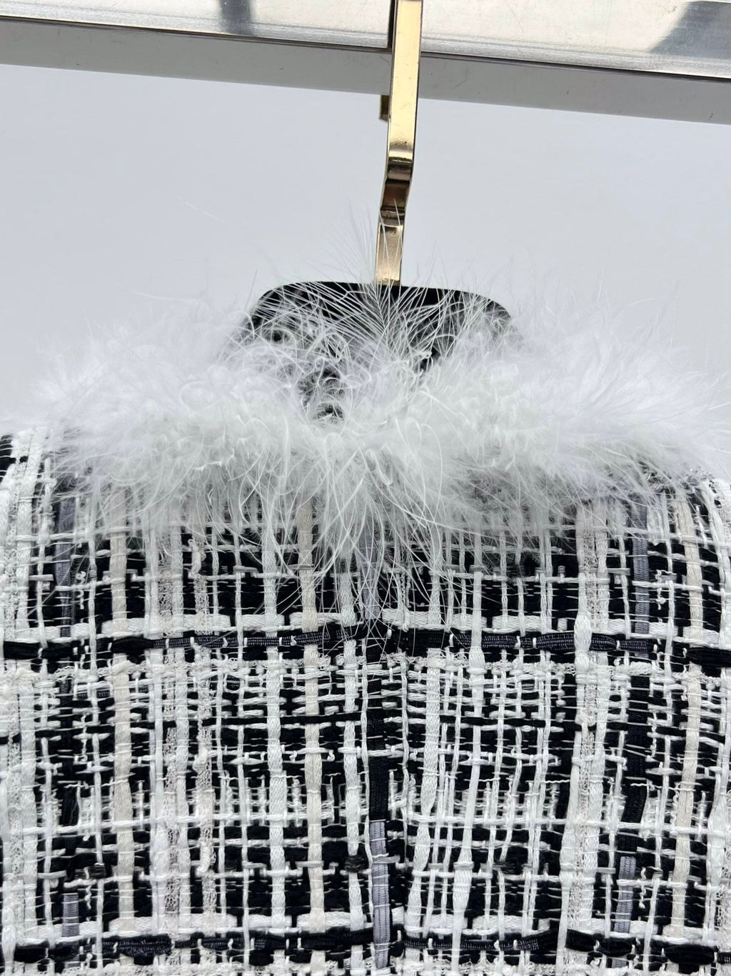 CHANEL 26S CROPPED JACKET PLAID BLACK WHITE TWEED WITH FEATHER TRIM