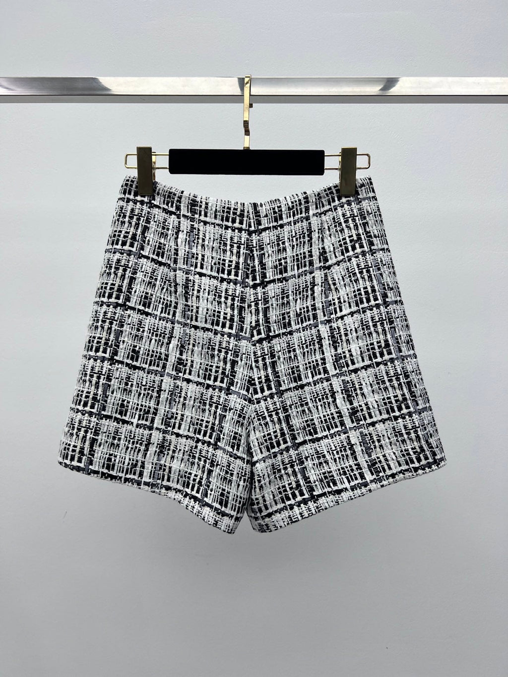 CHANEL 26S SHORTS TWEED PLAID BLACK WHITE WOOL BLEND