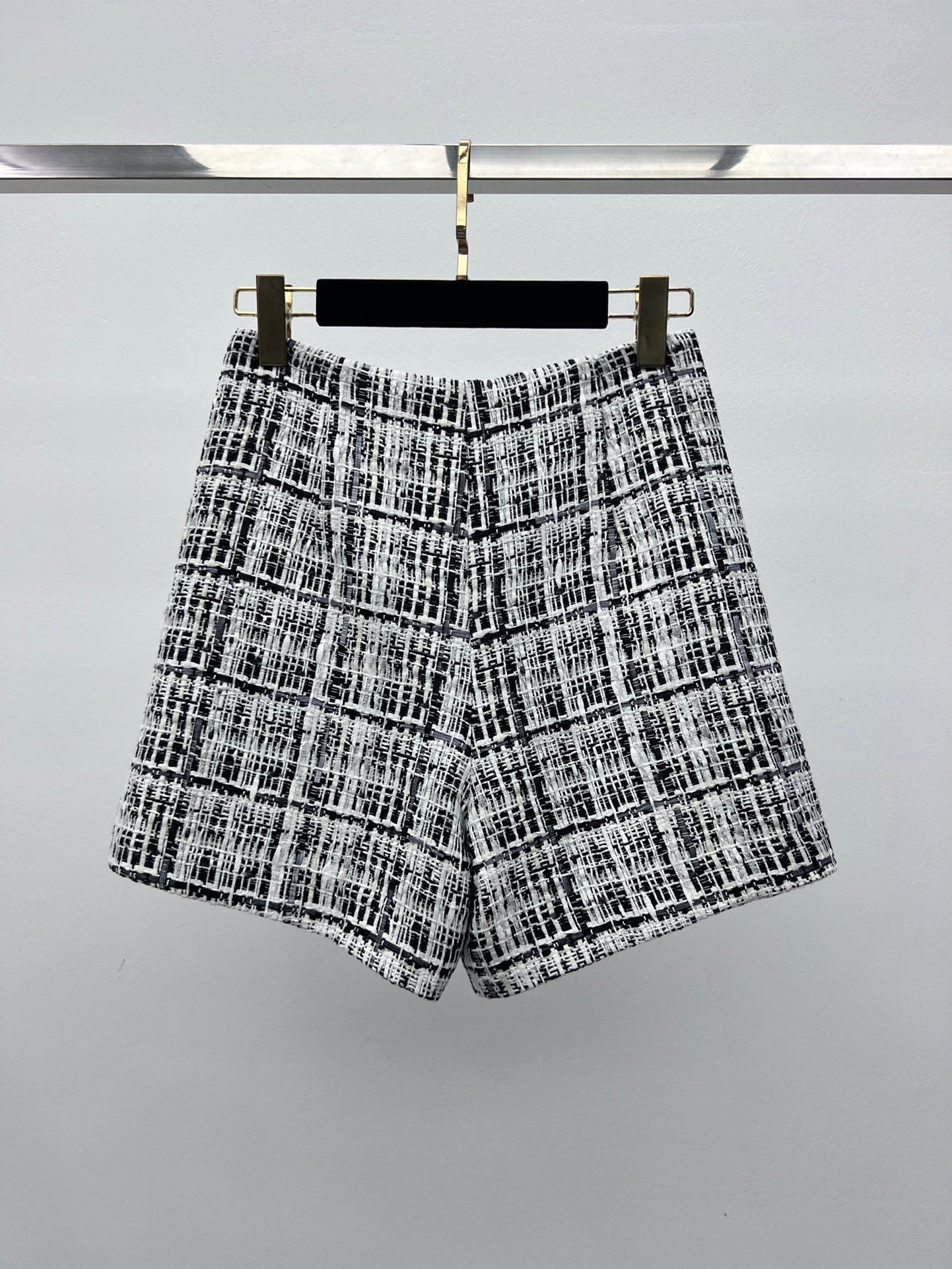 CHANEL 26S SHORTS TWEED PLAID BLACK WHITE WOOL BLEND
