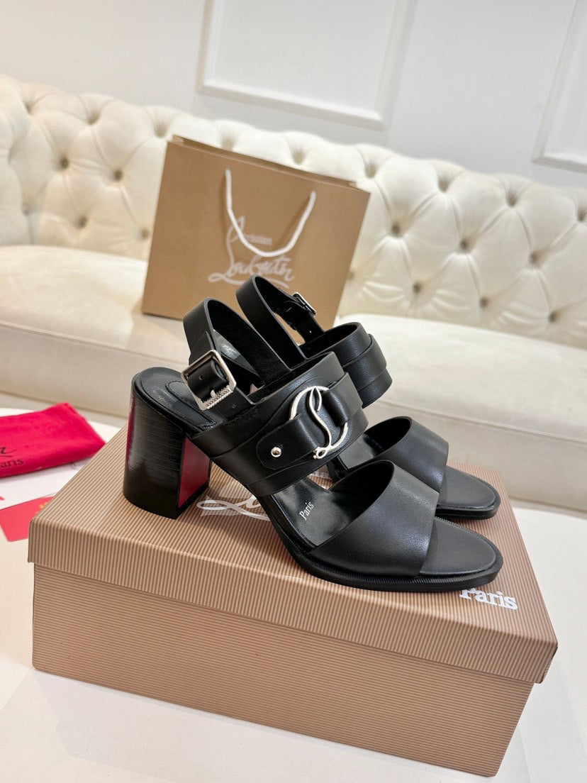 CHRISTIAN LOUBOUTIN 26S ANKLE STRAP BLOCK HEELS IN BLACK CALFSKIN