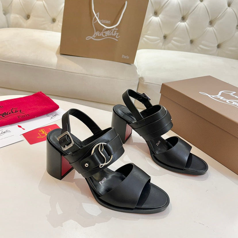 CHRISTIAN LOUBOUTIN 26S ANKLE STRAP BLOCK HEELS IN BLACK CALFSKIN