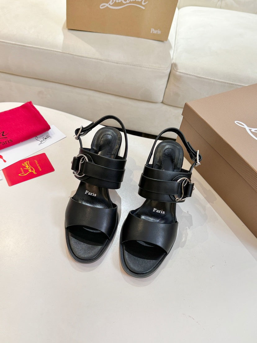 CHRISTIAN LOUBOUTIN 26S ANKLE STRAP BLOCK HEELS IN BLACK CALFSKIN