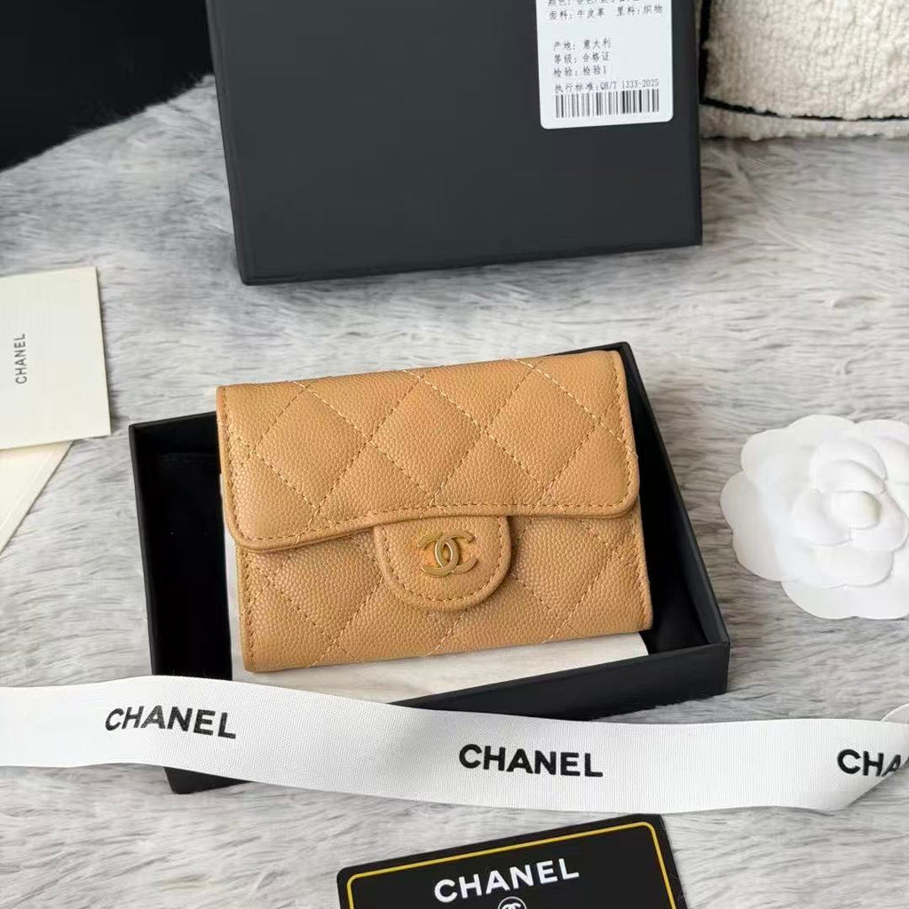 CHANEL CAVIAR QUILTED FLAP CARD HOLDER IN BEIGE LAMBSKIN