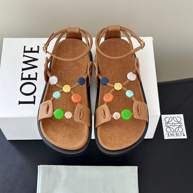 LOEWE 26S BEADED ANKLE STRAP SANDAL IN TAN CALFSKIN