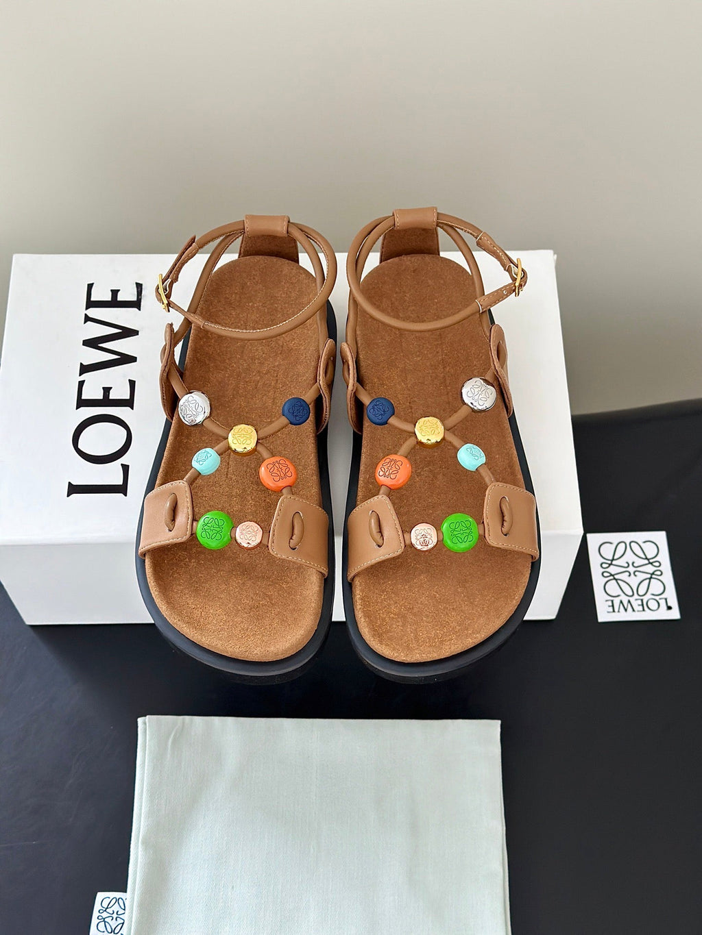 LOEWE 26S BEADED ANKLE STRAP SANDAL IN TAN CALFSKIN