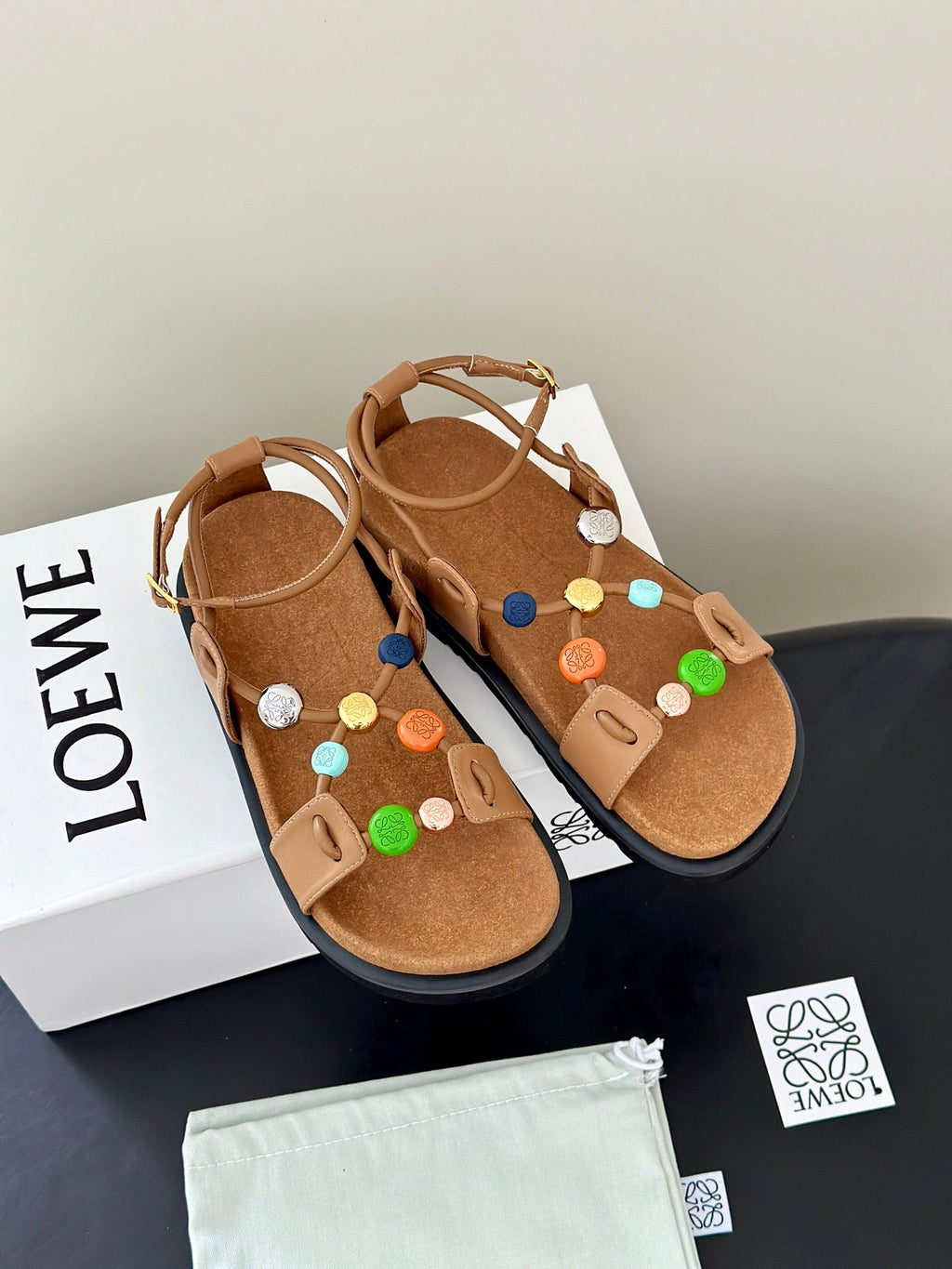 LOEWE 26S BEADED ANKLE STRAP SANDAL IN TAN CALFSKIN