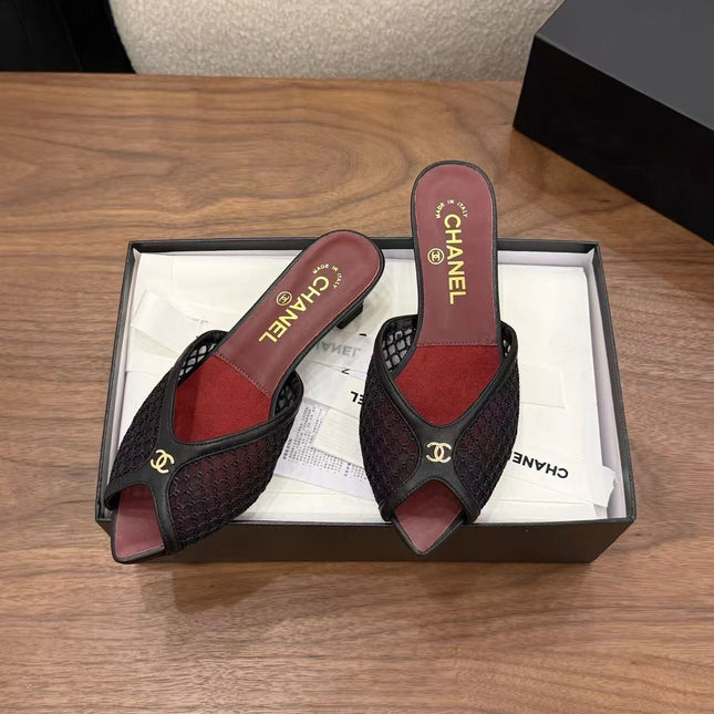 CHANEL 26S BEACH MULES 30MM IN BLACK MESH AND FARBIC 18726
