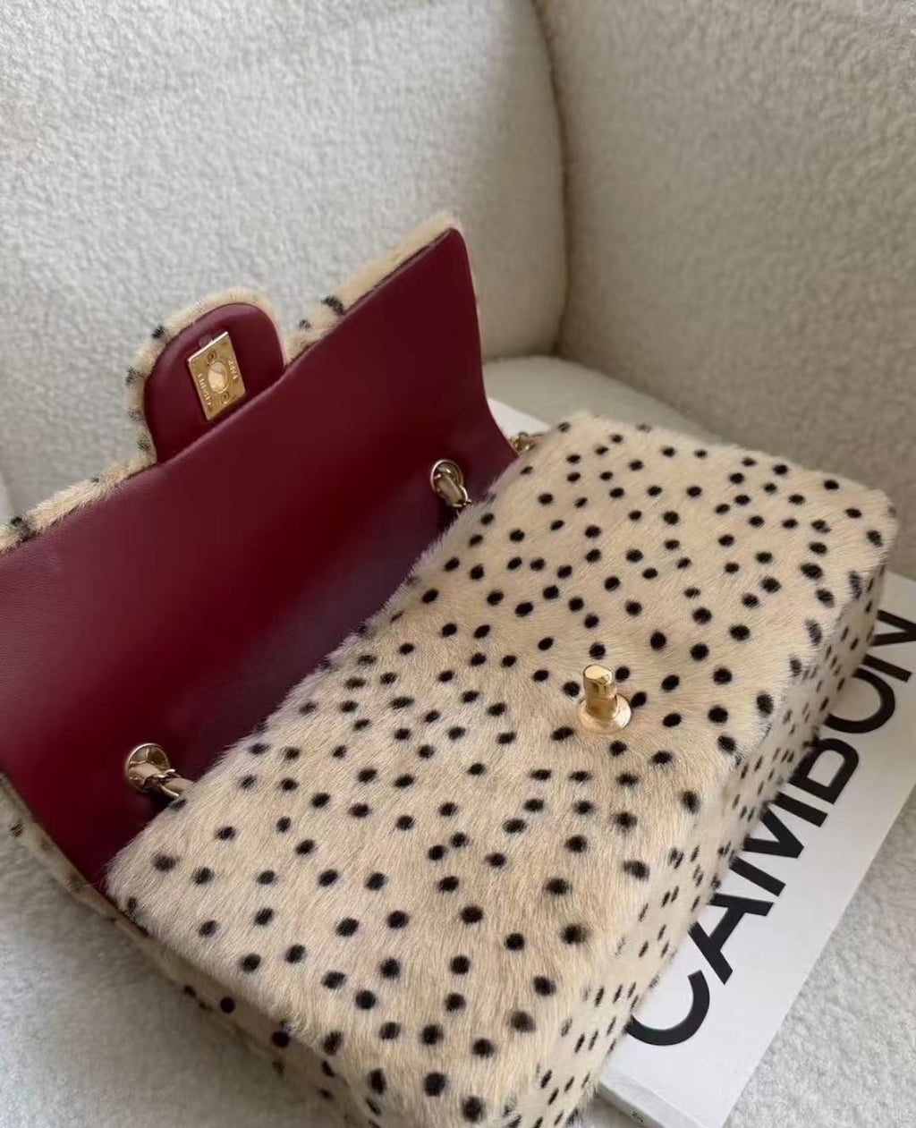 CHANEL 26S CLASSIC SINGLE FLAP BAG IN BEIGE PONY HAIR BLACK POLKA DOT GOLD HARDWARE