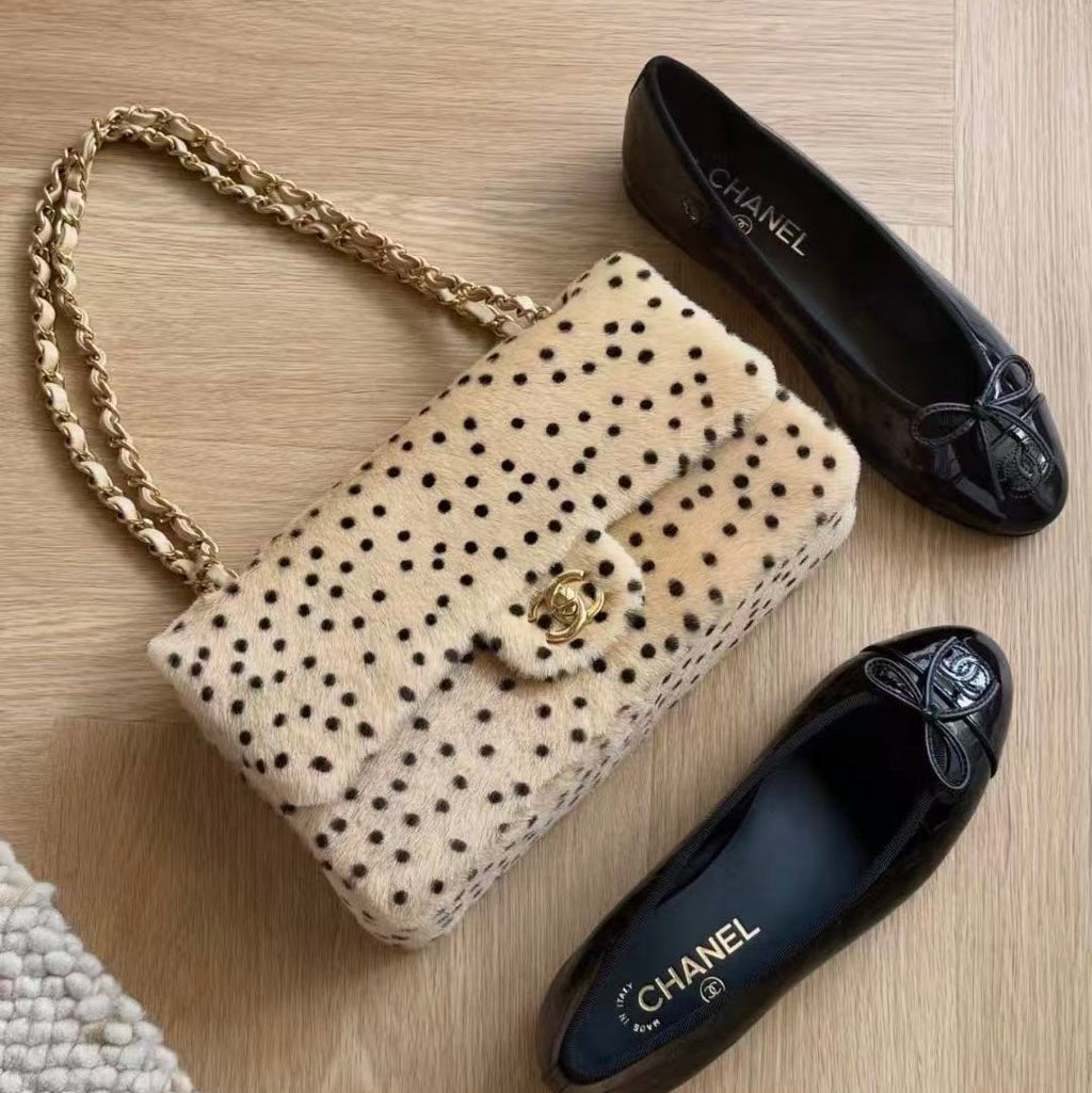 CHANEL 26S CLASSIC SINGLE FLAP BAG IN BEIGE PONY HAIR BLACK POLKA DOT GOLD HARDWARE