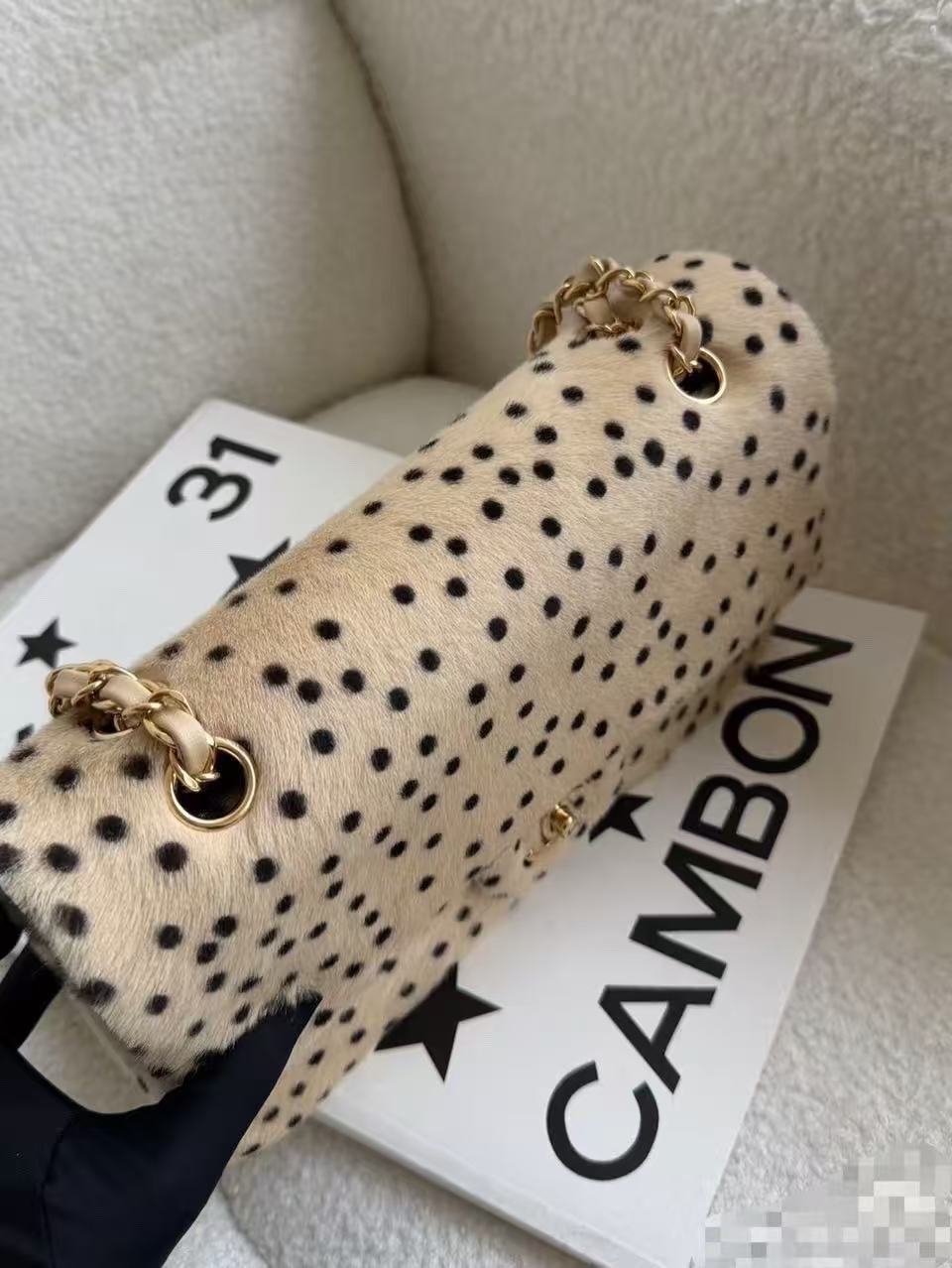 CHANEL 26S CLASSIC SINGLE FLAP BAG IN BEIGE PONY HAIR BLACK POLKA DOT GOLD HARDWARE