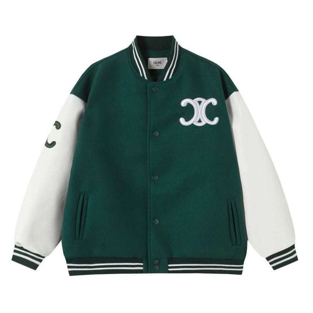 CELINE 26S TRIOMPHE TEDDY VARSITY JACKET IN DARK GREEN WOOL WITH WHITE LEATHER