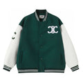 CELINE 26S TRIOMPHE TEDDY VARSITY JACKET IN DARK GREEN WOOL WITH WHITE LEATHER