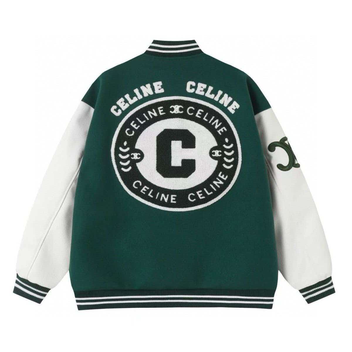 CELINE 26S TRIOMPHE TEDDY VARSITY JACKET IN DARK GREEN WOOL WITH WHITE LEATHER