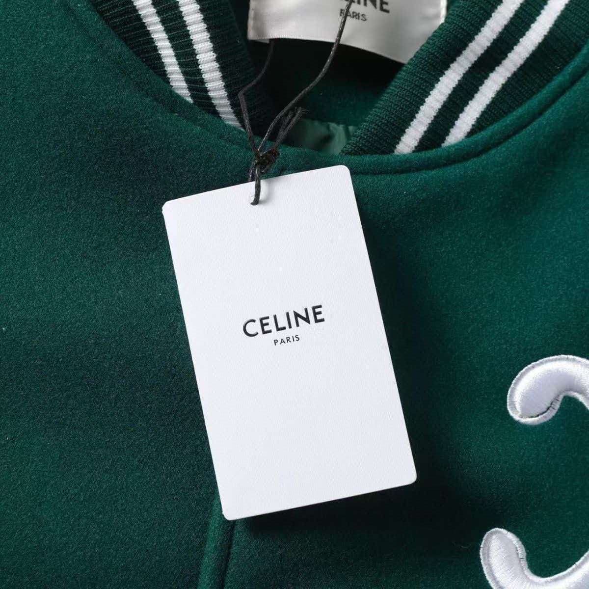 CELINE 26S TRIOMPHE TEDDY VARSITY JACKET IN DARK GREEN WOOL WITH WHITE LEATHER