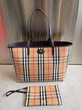 BURBERRY 26S VINTAGE CHECK TOTE BAG IN ARCHIVE BEIGE & BLACK CANVAS