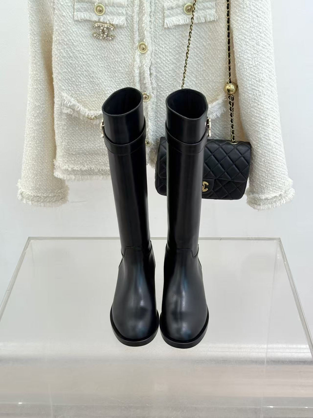 CHANEL 26S KNEE HIGH BOOTS IN BLACK CALFSKIN