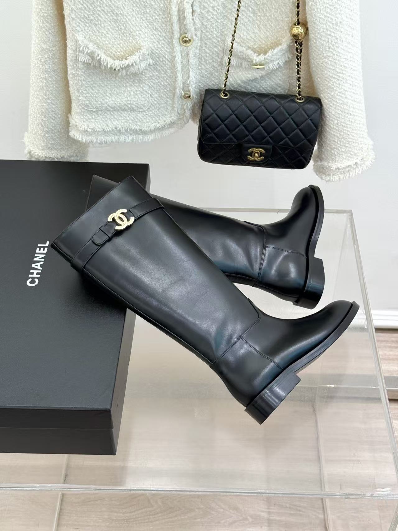 CHANEL 26S KNEE HIGH BOOTS IN BLACK CALFSKIN