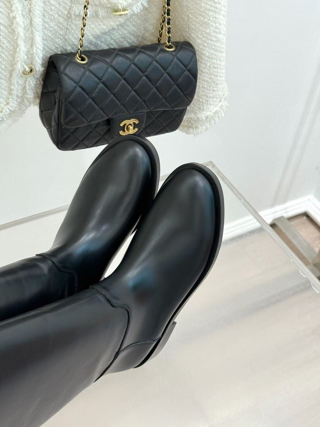 CHANEL 26S KNEE HIGH BOOTS IN BLACK CALFSKIN