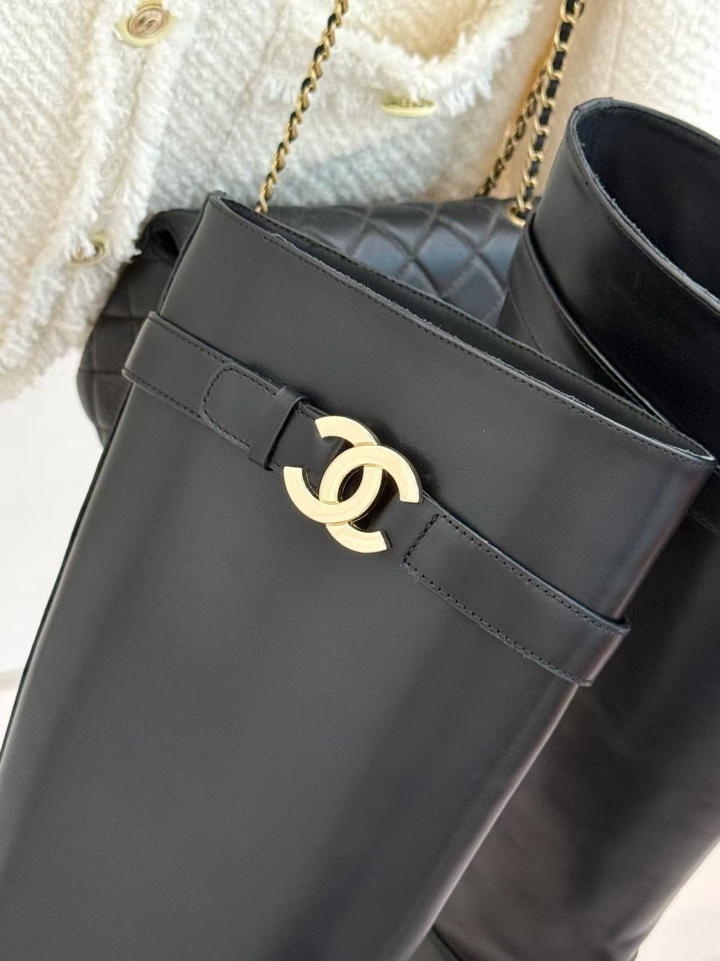 CHANEL 26S KNEE HIGH BOOTS IN BLACK CALFSKIN