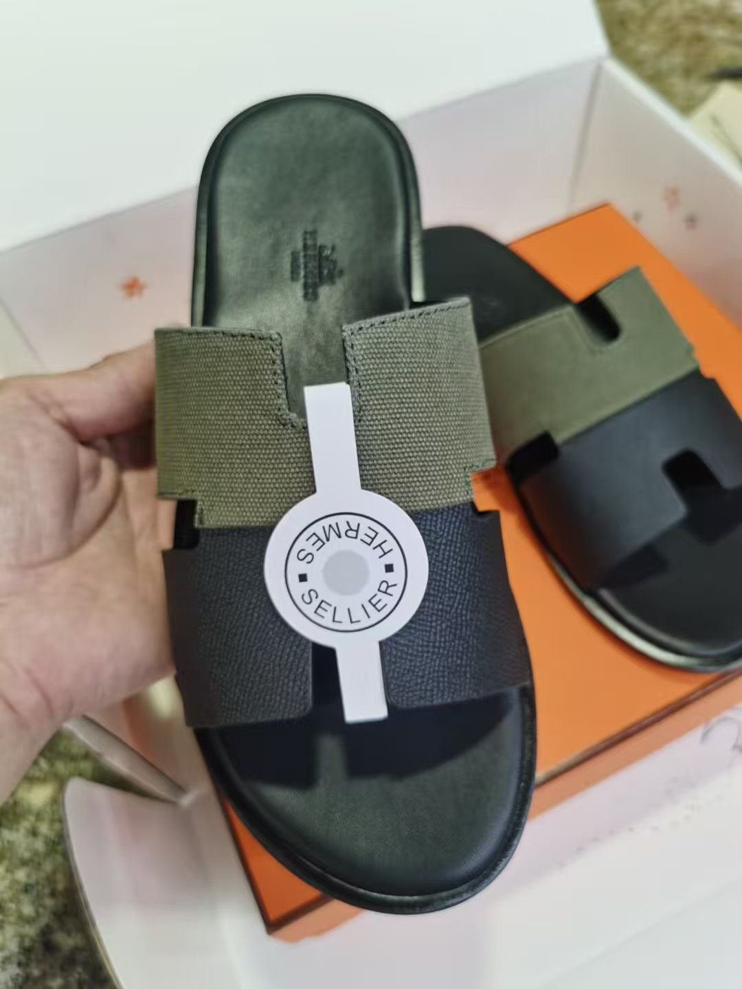 HERMES 26S 0RAN SANDALS IN KHAKI & BLACK CANVAS