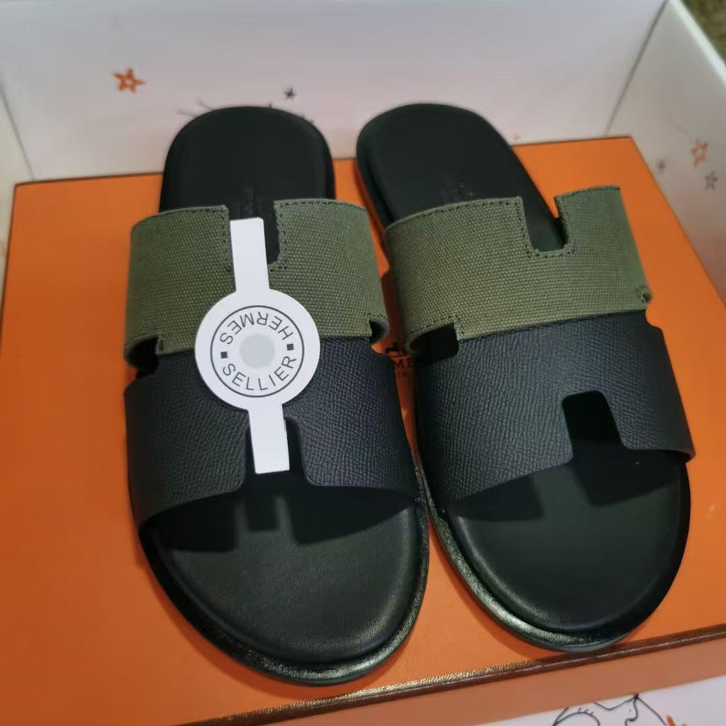 HERMES 26S 0RAN SANDALS IN KHAKI & BLACK CANVAS