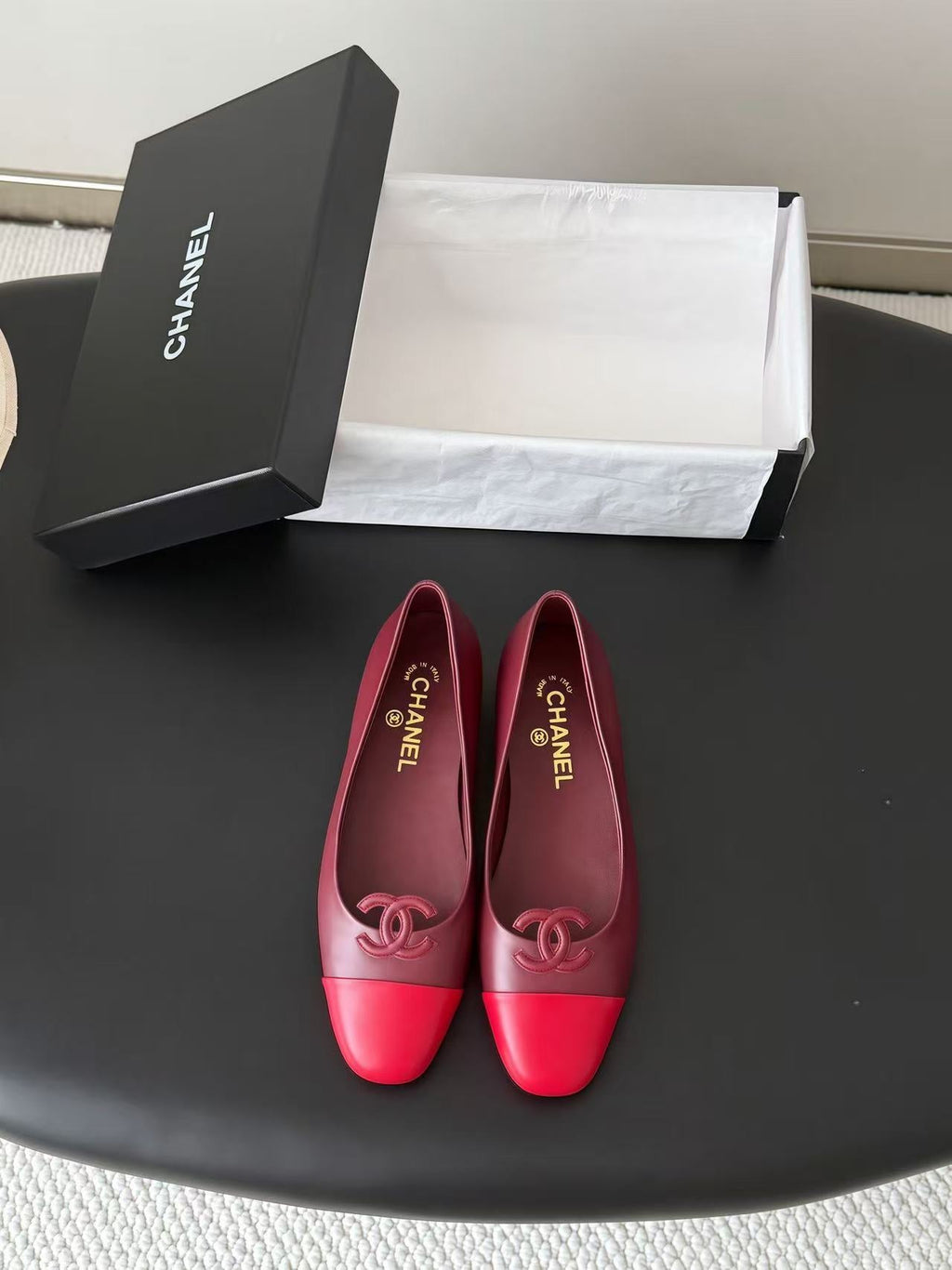 CHANEL 26S BALLET FLATS IN BURGUNDY & RED LAMBSKIN 26726