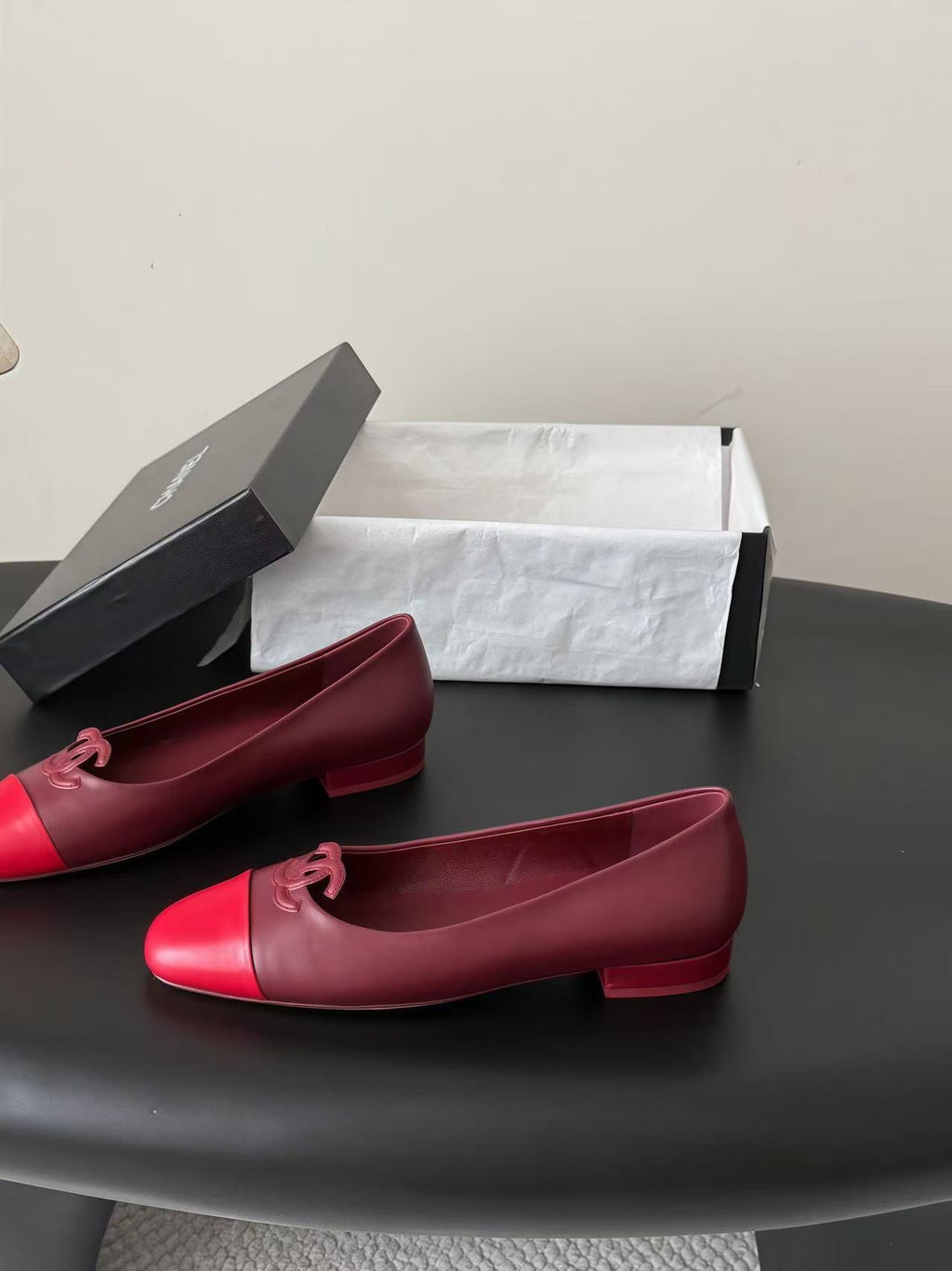 CHANEL 26S BALLET FLATS IN BURGUNDY & RED LAMBSKIN 26726