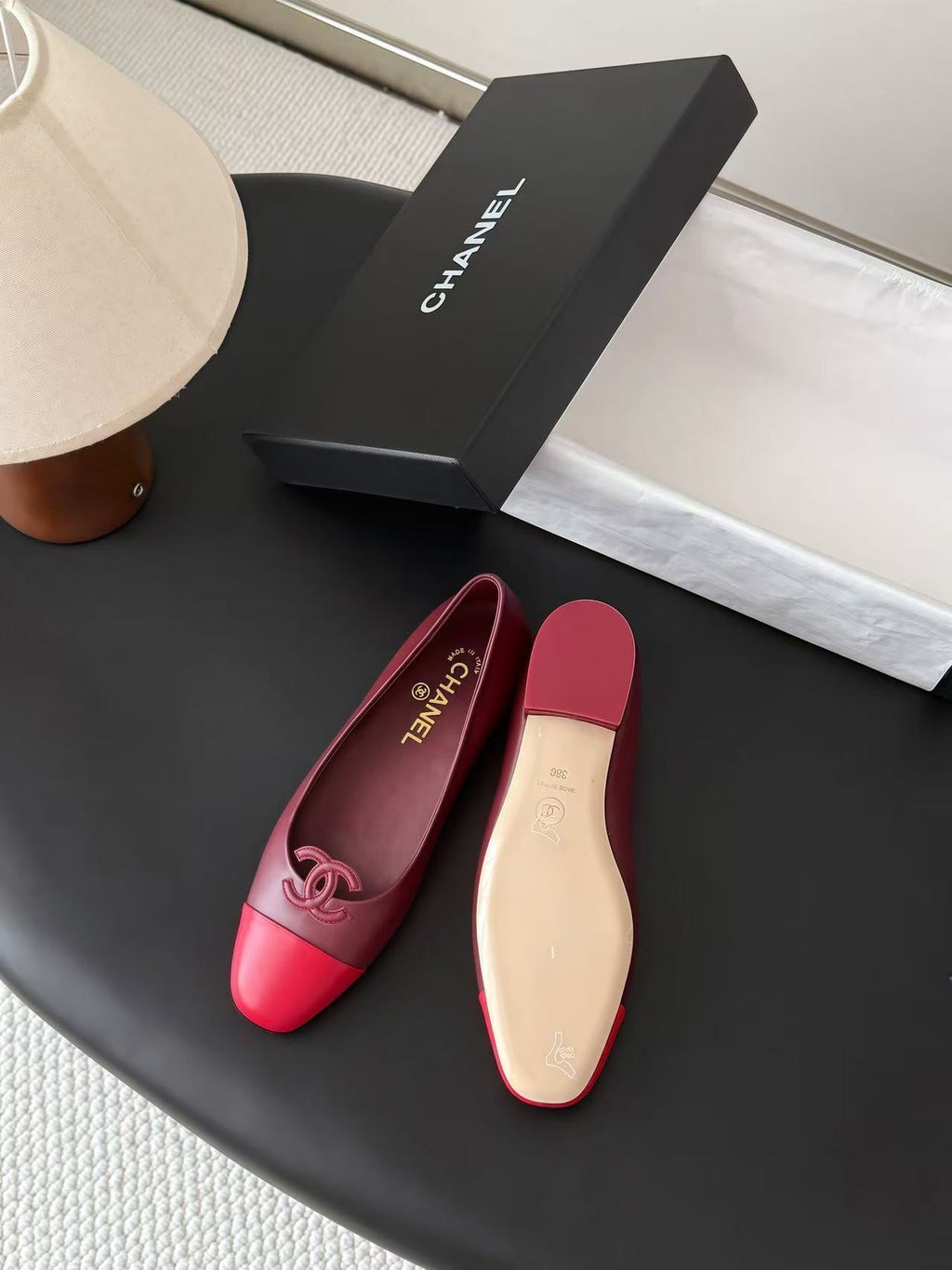 CHANEL 26S BALLET FLATS IN BURGUNDY & RED LAMBSKIN 26726