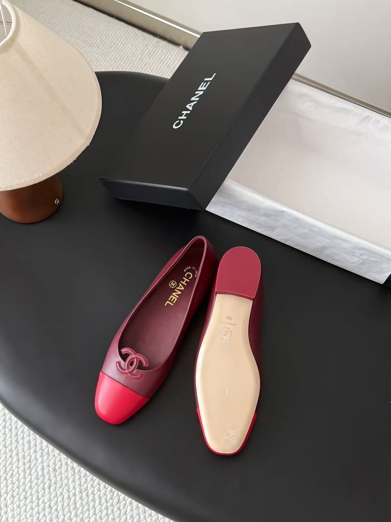 CHANEL 26S BALLET FLATS IN BURGUNDY & RED LAMBSKIN 26726