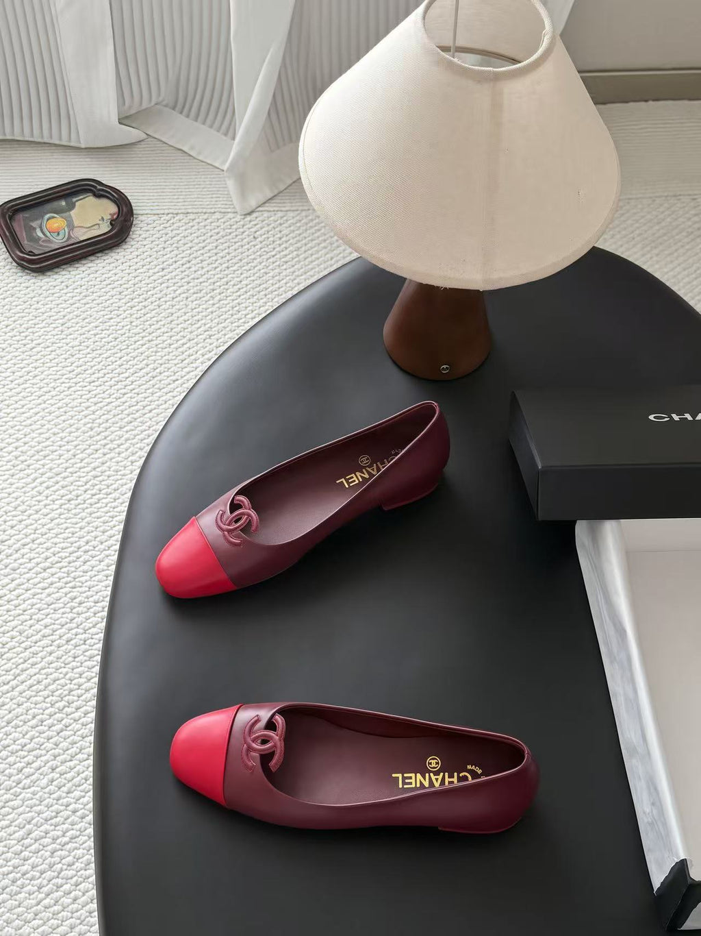 CHANEL 26S BALLET FLATS IN BURGUNDY & RED LAMBSKIN 26726