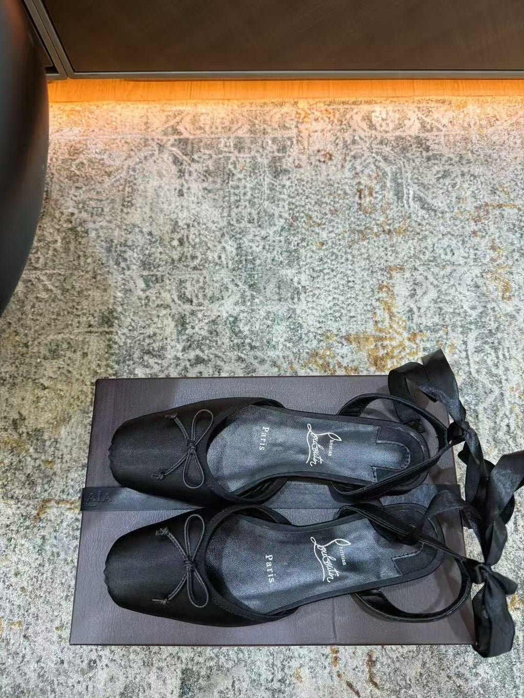 CHRISTIAN LOUBOUTIN 26S ANKLE STRAP BALLET FLATS IN BLACK SATIN