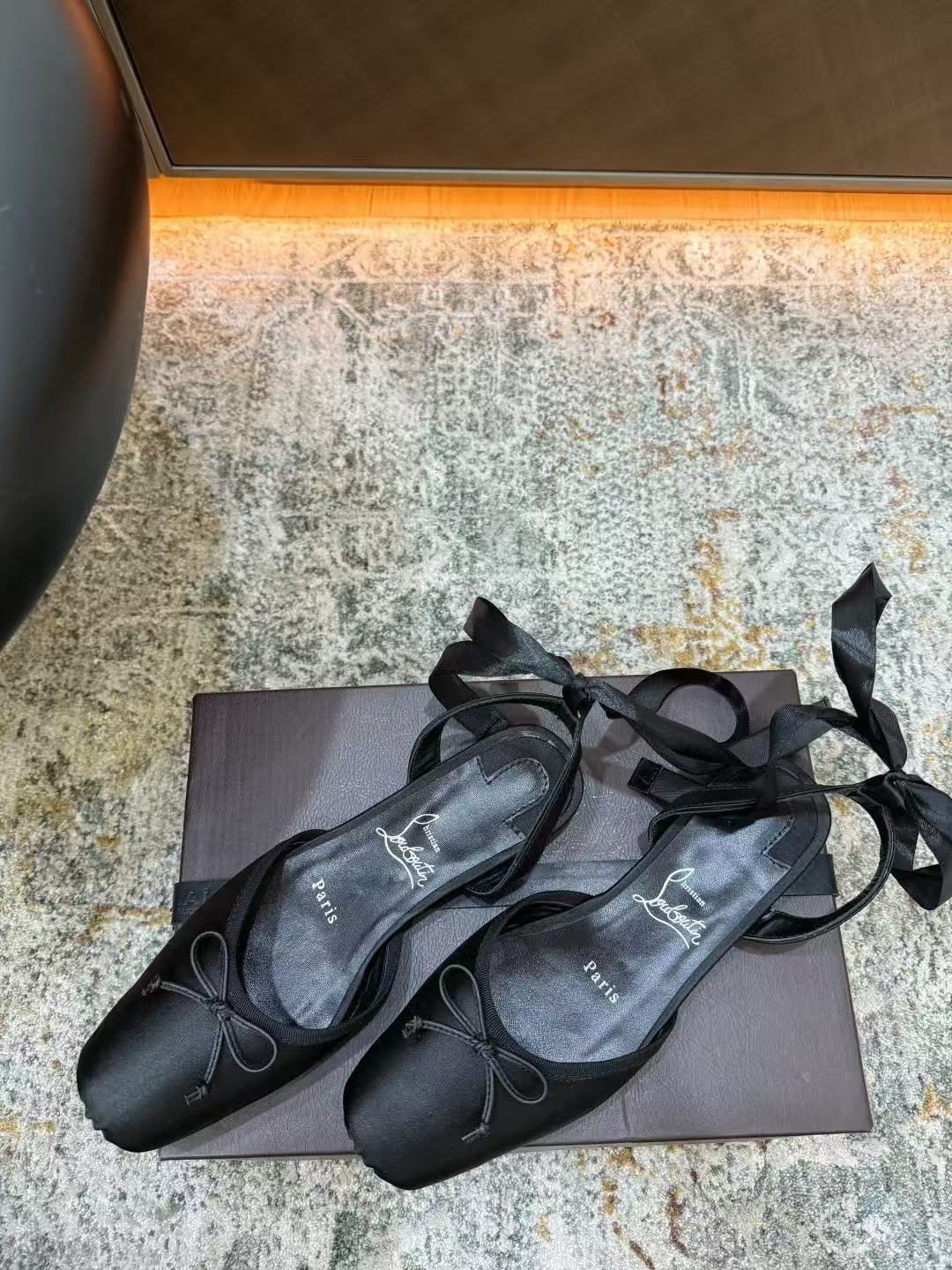 CHRISTIAN LOUBOUTIN 26S ANKLE STRAP BALLET FLATS IN BLACK SATIN