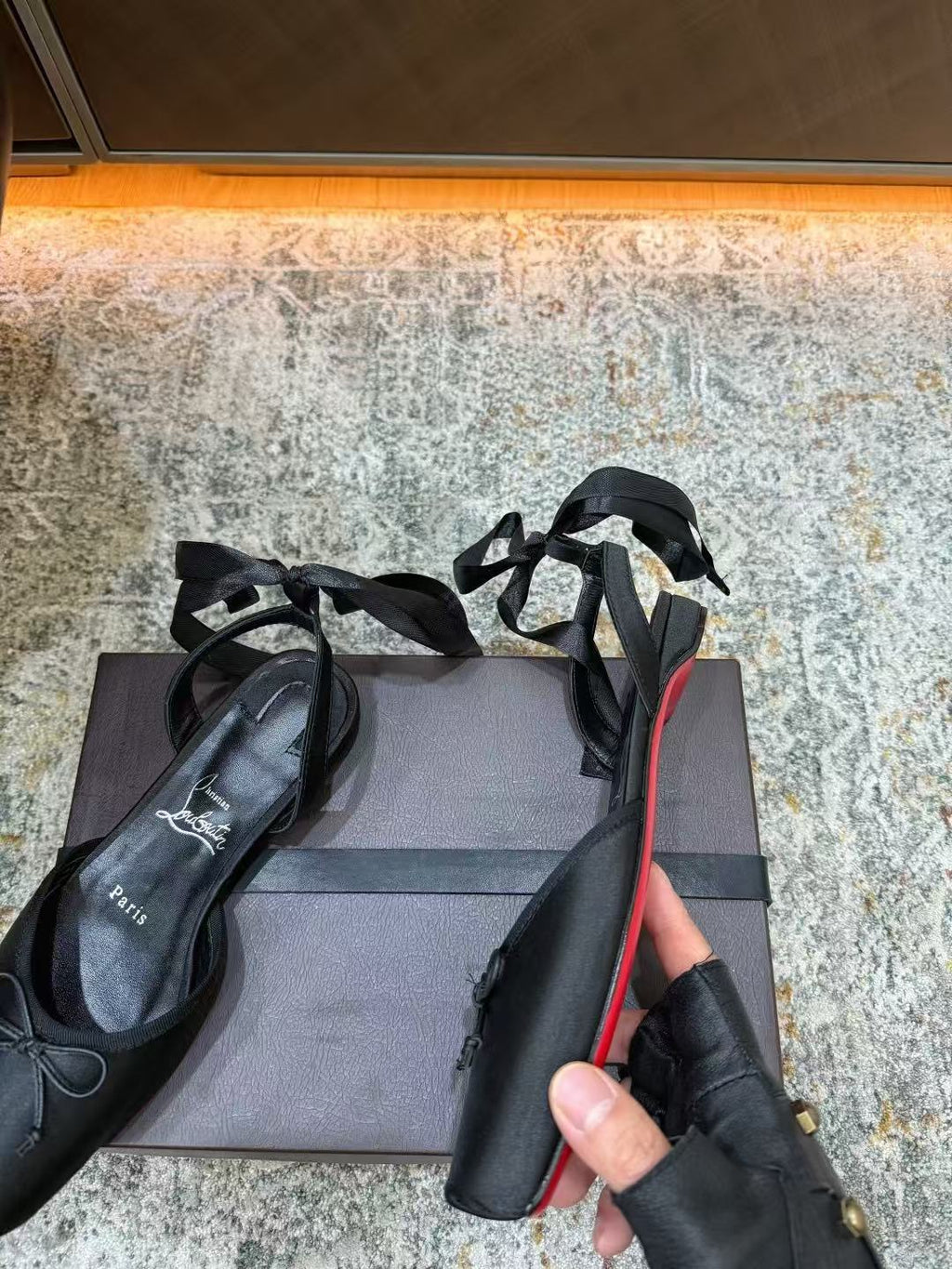CHRISTIAN LOUBOUTIN 26S ANKLE STRAP BALLET FLATS IN BLACK SATIN