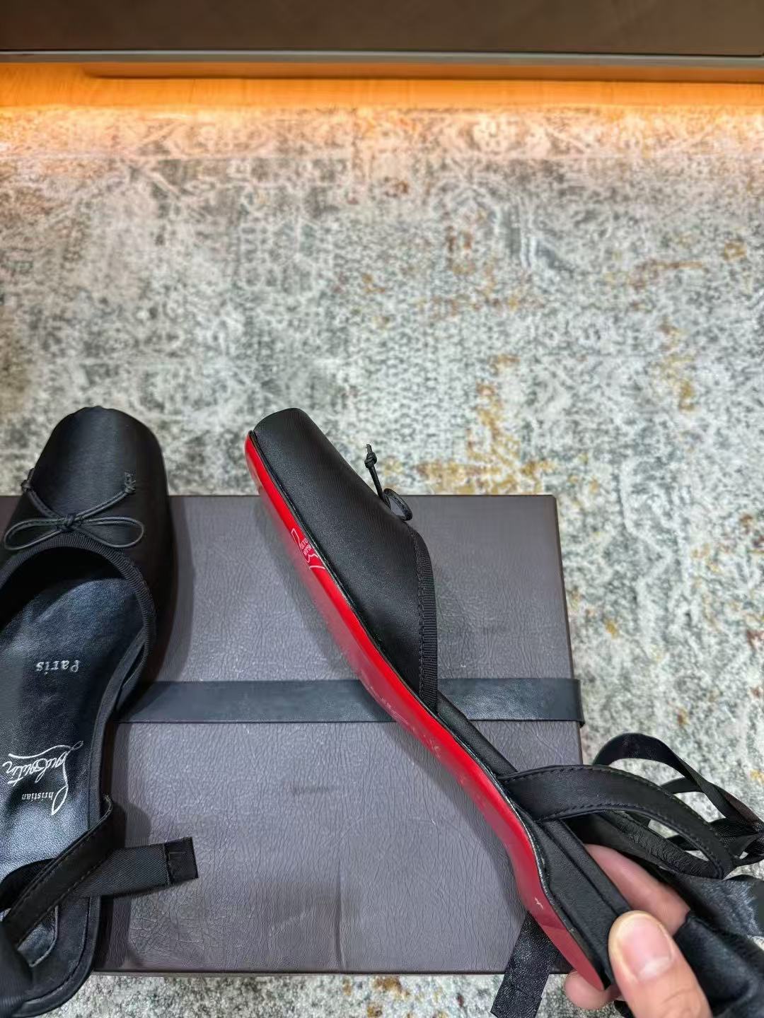 CHRISTIAN LOUBOUTIN 26S ANKLE STRAP BALLET FLATS IN BLACK SATIN