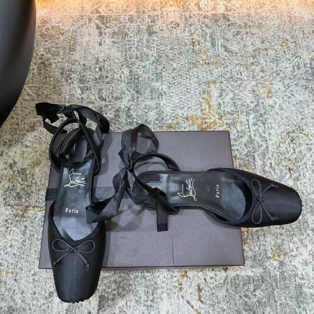 CHRISTIAN LOUBOUTIN 26S ANKLE STRAP BALLET FLATS IN BLACK SATIN