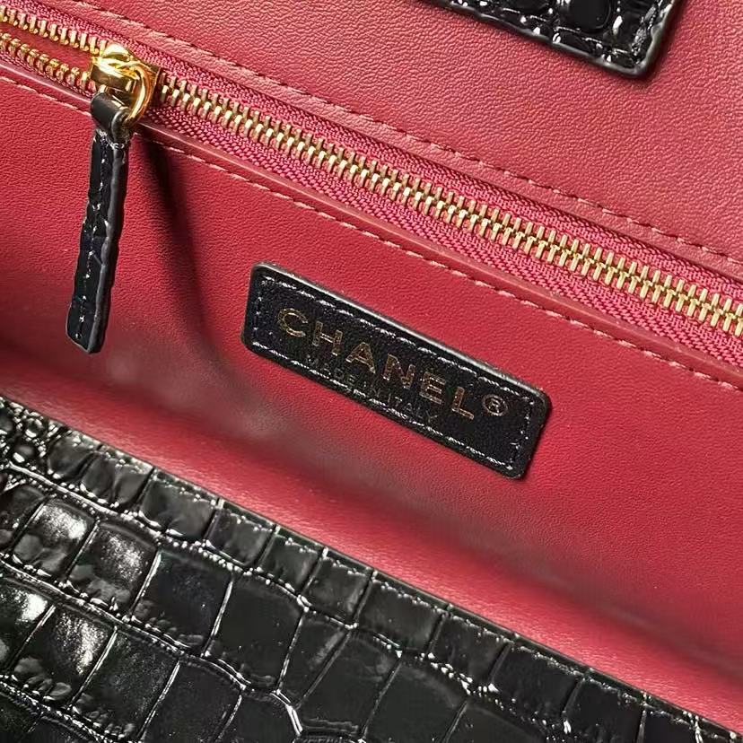 CHANEL 26S CERF TOTE BAG IN BLACK CALFSKIN CROCODILE EMBOSSED GOLD HARDWARE