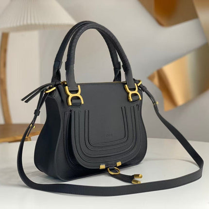 CHLOE MARCIE DOUBLE CARRY BAG IN BLACK CALFSKIN GOLD HARDWARE
