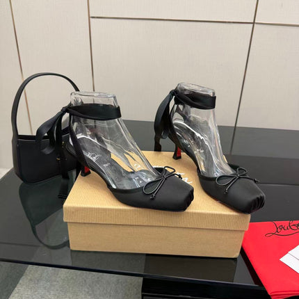 CHRISTIAN LOUBOUTIN 26S ANKLE STRAP PUMPS IN BLACK SATIN