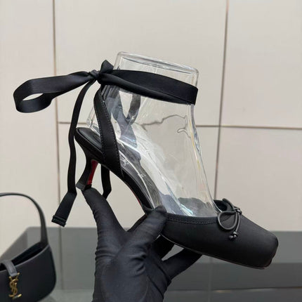 CHRISTIAN LOUBOUTIN 26S ANKLE STRAP PUMPS IN BLACK SATIN