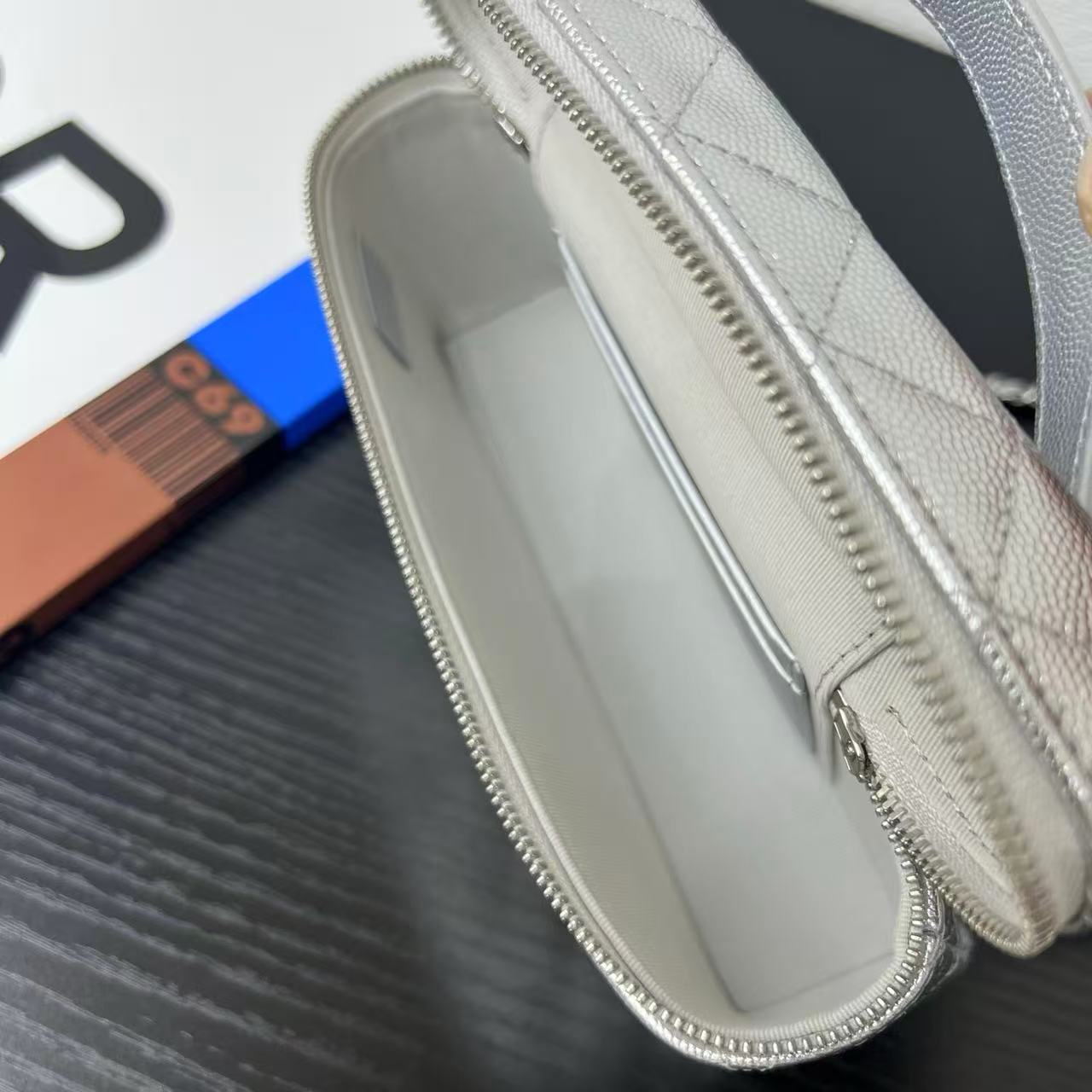 CHANEL 26S QUILTED VANITY CASE IN SILVER CAVIAR